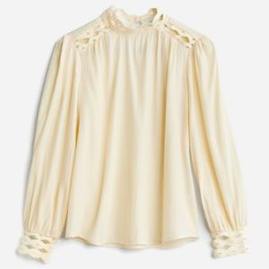 Cream mock turtleneck fancy trim long sleeve blouse